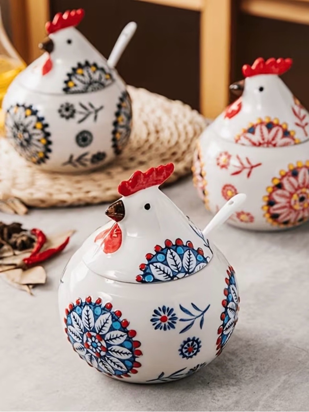 🆕 Hand-Painted Ceramic Rooster Sugar Pot with Spoon - Green Blue & Red
